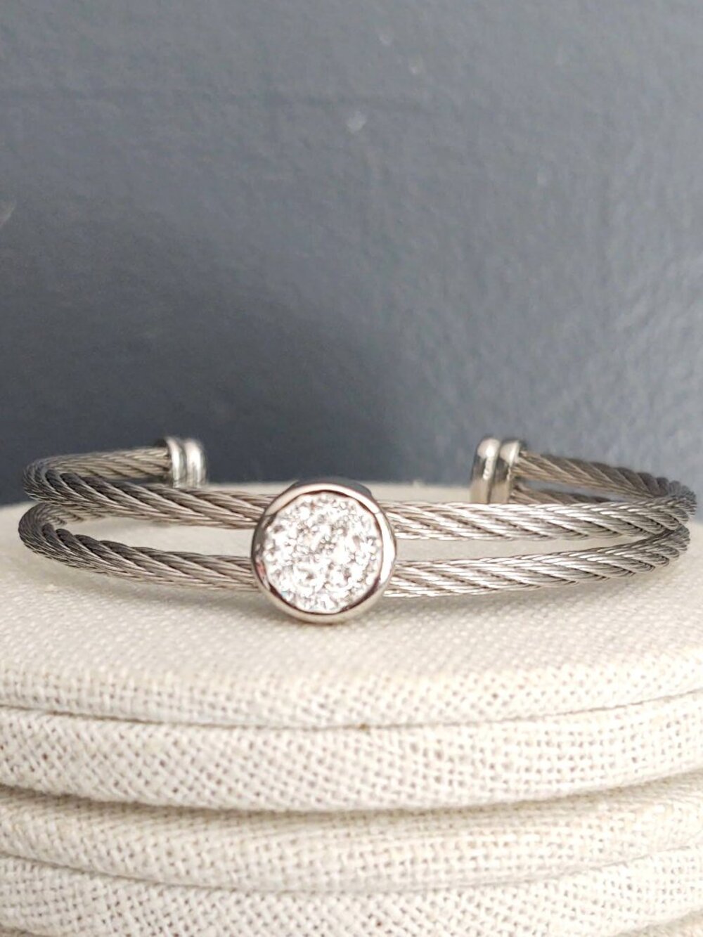 Stainless steel cuff with pave crystal center